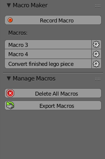 A screenshot of the toolshelf in Blender 3D. There are panels called 'Macro Maker' and 'Manage Macros'. The 'Macro Maker' panel has a button called 'Record Macro' and a column of buttons labelled 'Macro 3', 'Macro 4' and 'Convert finished lego piece'. Each button has button with a cog icon next to it. The 'Manage Macros' panel has a 'Delete All Macros' and an 'Export Macros' button.